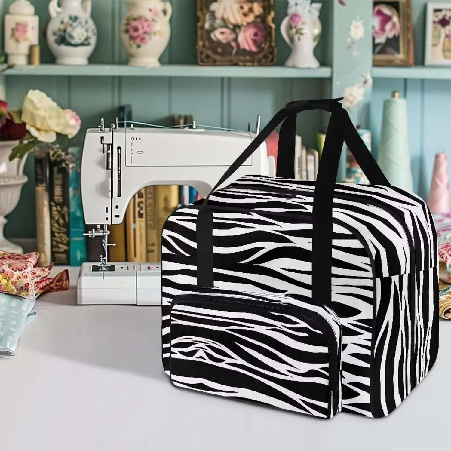 Zebra-Stripe Sewing Machine Case - Universal Sewing Machine Carrying Bag with Storage Pockets Compatible with Multiple Sewing Machines, Measuring 20" x 10" x 13" Sewing Machine Case