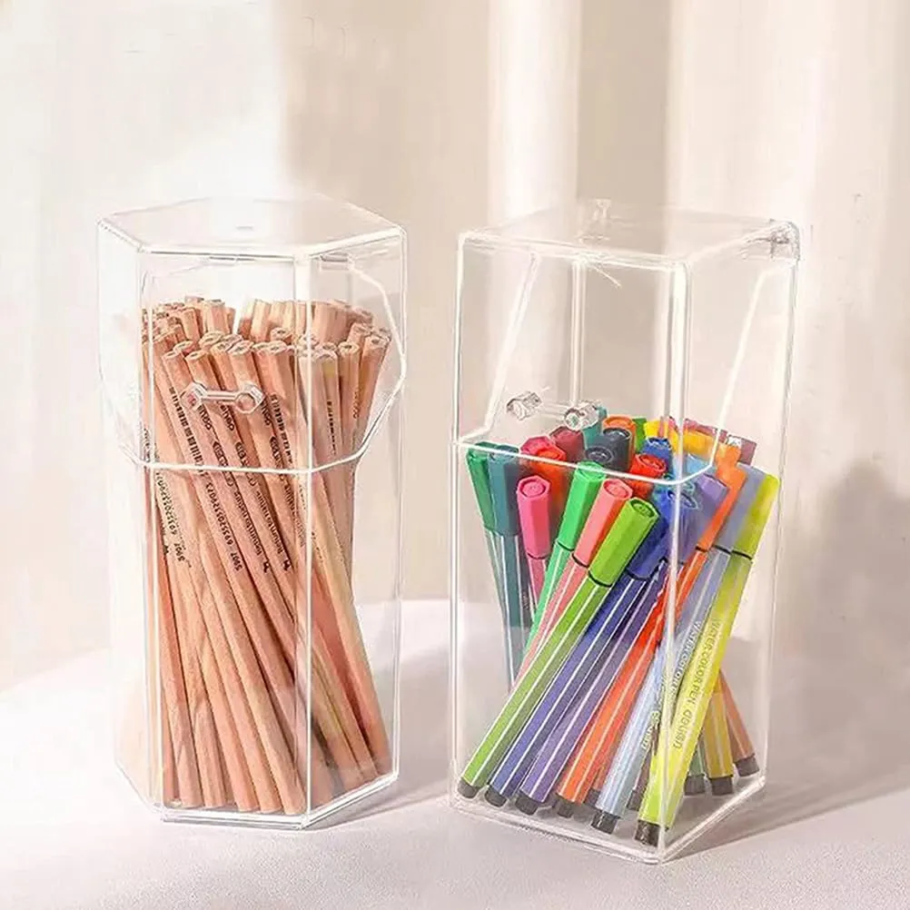 Zerodeko 2Pcs Acrylic Makeup covered makeup brush holder with lid clear makeup organizer cosmetic brush holder with lid cosmetic brush storage box desktop storage organizer acrylic desk organizer pen