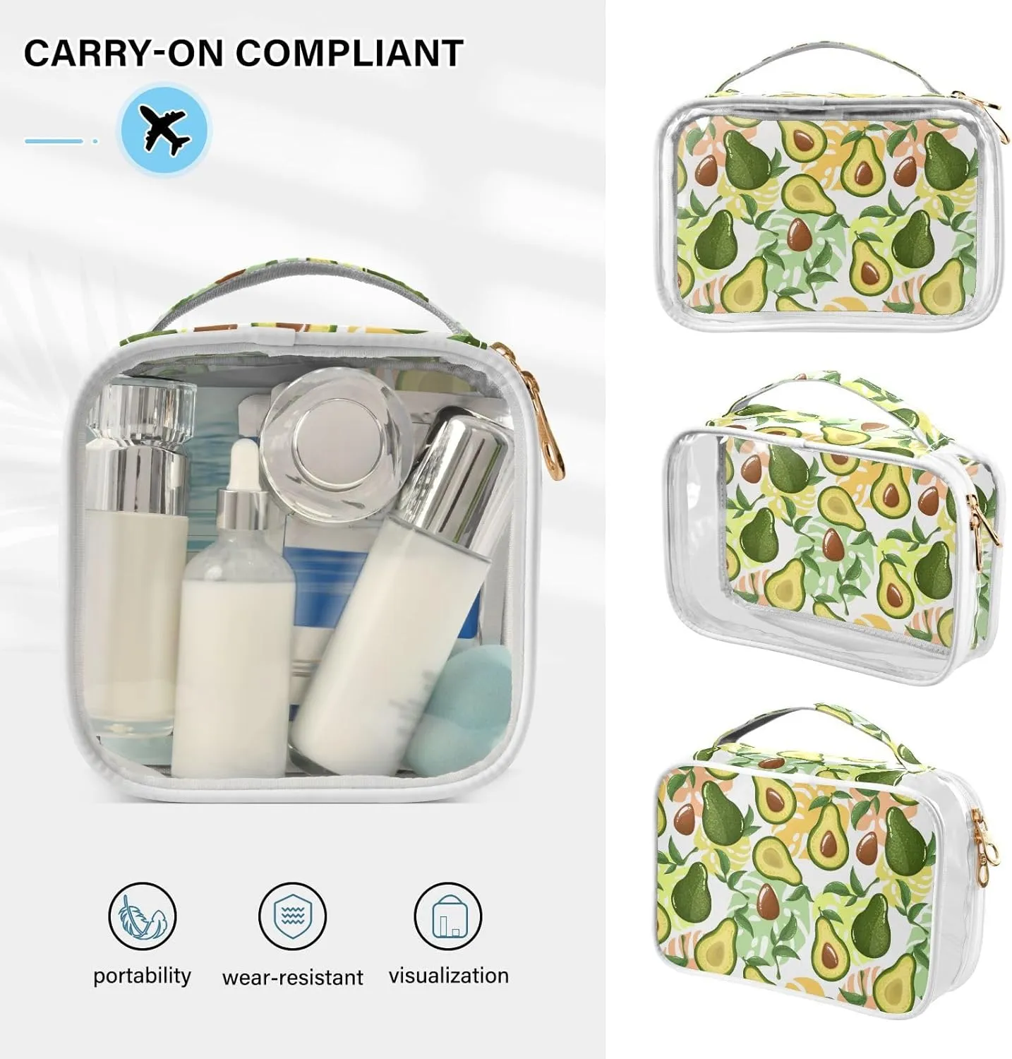 ZZKKO Clear Makeup Bags Avocado Pattern Travel Toiletry Bag Makeup Pouch Portable Transparent Waterproof Cosmetic Bag with Zipper & Handle for Women Men 2 Pack